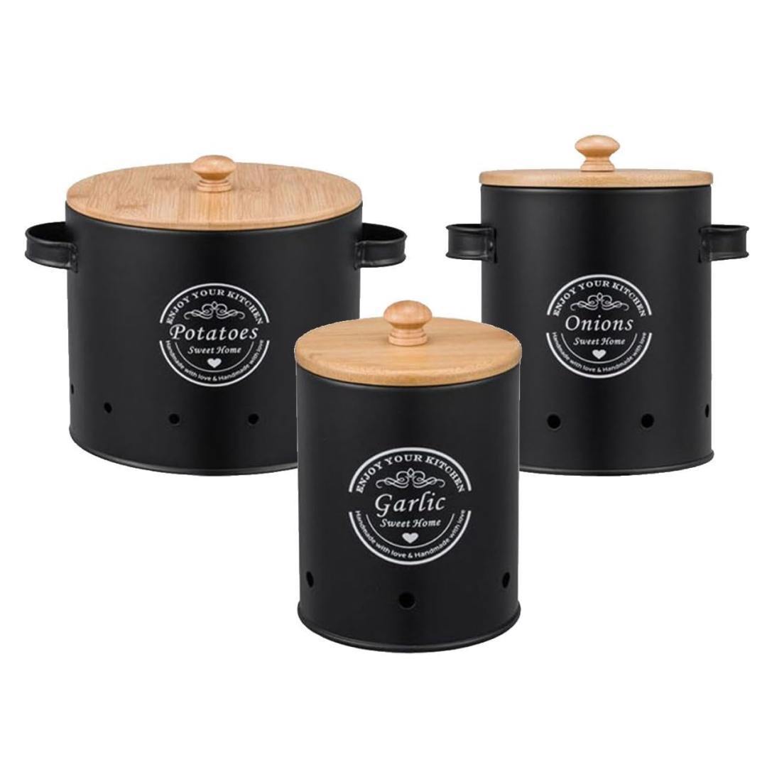 Latas redondas transfronterizas de papas, cebollas, ajo, barril de almacenamiento, almacenamiento de cocina, envasado en latas permeables a la respiración y preservación fresca