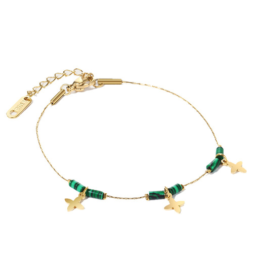 European and American retro natural stone beaded titanium steel bracelet light luxury four-leaf flower disc fashion middle-aged malachite women's hand jewelry
