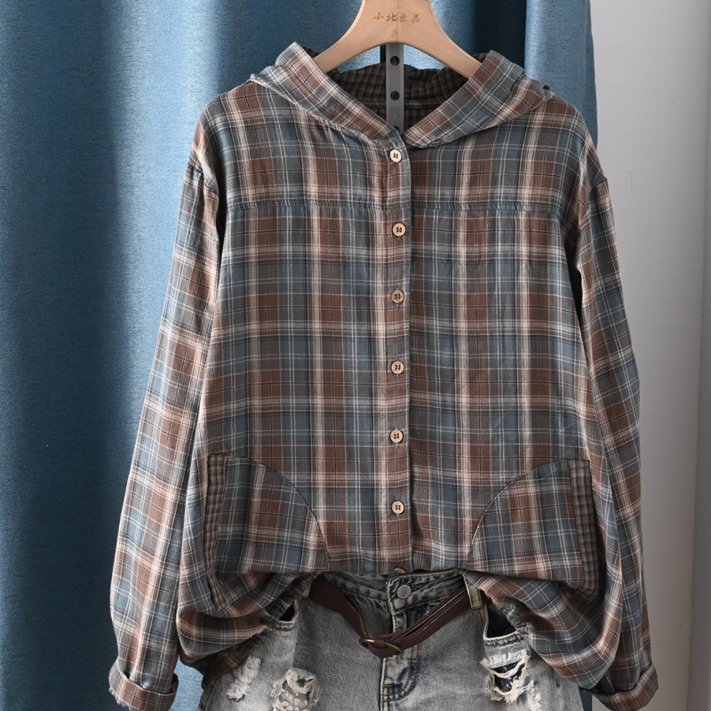 Spring and Autumn Retro Artistic Double-Layer Gauze Long-Sleeve Hooded Top, Stylish Loose Versatile Plaid Shirt for Women Spring and Autumn Retro Artistic Double-Layer Gauze Long-Sleeve Hooded Top, Stylish Loose Versatile Plaid Shirt for Women