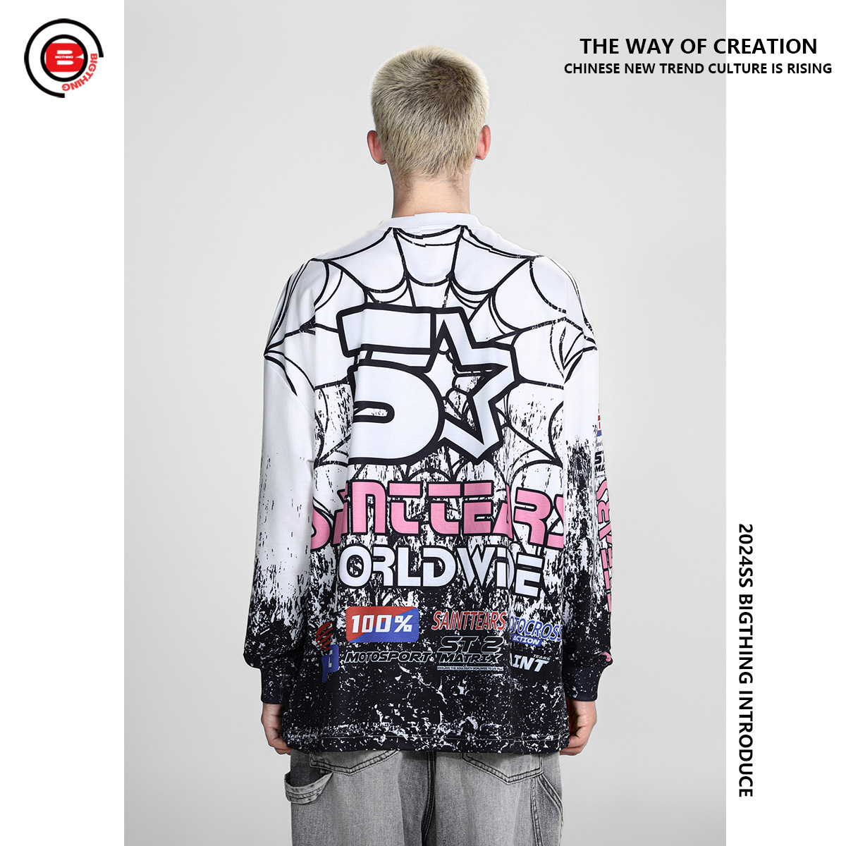 Herenkleding BIGTHING high street fashion merk Saint michael digitaal spinnenweb print lange mouwen onderkant shirt_voghion.com