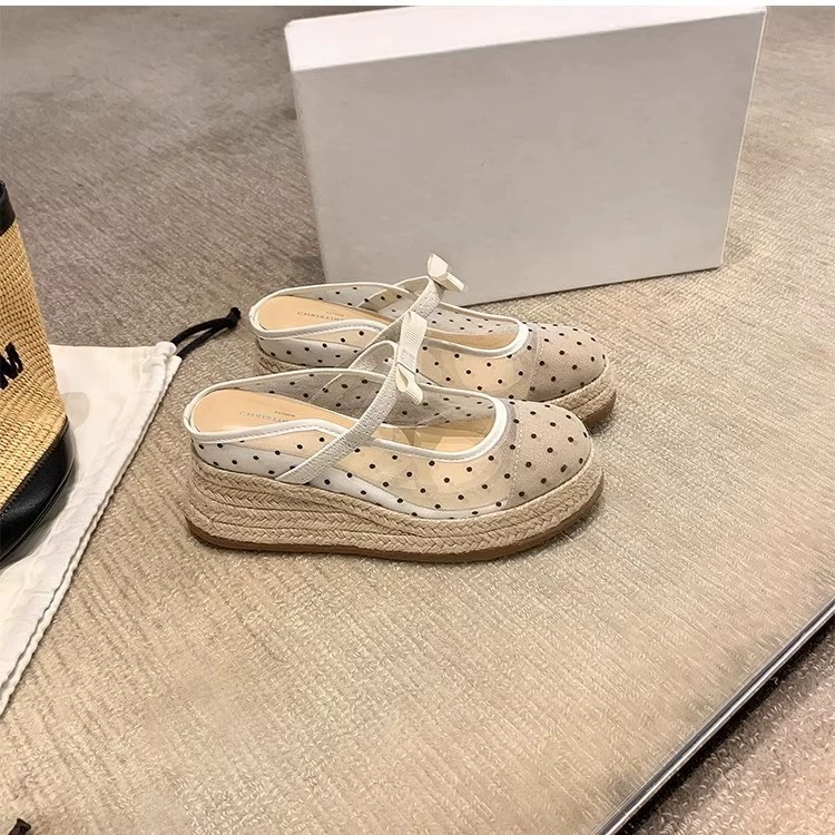 Женские праздничные тапочки Мэри Джейн Баотоу с толстой подошвой, сетчатой верхом из конопляной веревки, клиновидным каблуком и бантом в стиле Чжао Луси.