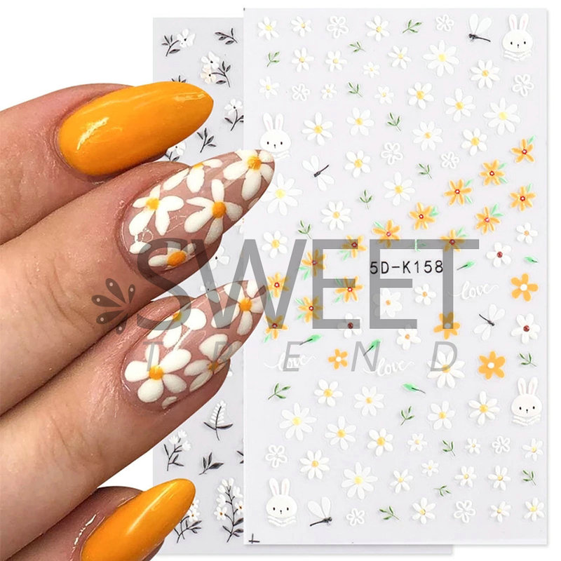 2022 New Nail Art Stickers 5D Embossed Nail Stickers Small Daisy Dandelion Rose Cartoon Nail Stickers