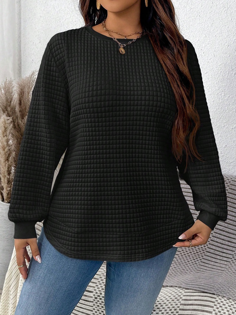 Transfronterizo de ropa de mujer de tamaño grande nueva camiseta casualidad de color sólido cuadrado con cuadrícula y redonda de abbillado otoño y invierno