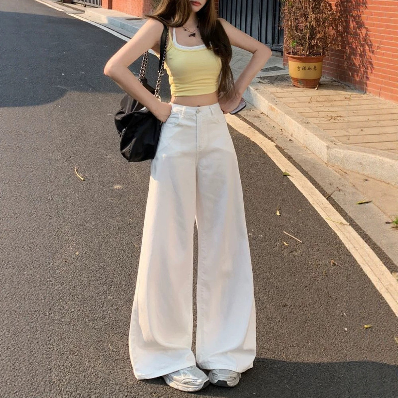 White Wide-Leg Jeans for Women, Loose Fit, Slimming Effect, Straight Cut, Suitable for Pear-Shaped Body, Summer Thin Style with Good Drape