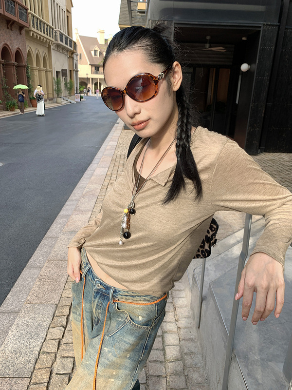 [9hour]美式POLO领长袖t恤女 2025秋季洋气百搭显瘦上衣女3726|undefined