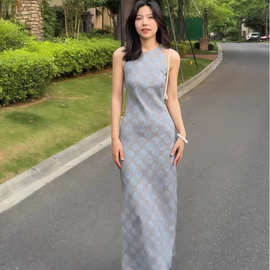 盛夏新中式国风旗袍轻奢高级感独特漂亮蓝色醋酸缎面印花连衣裙子