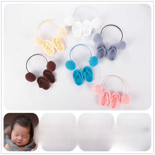 Newborn photography props, small slippers, knitted infant photo props, headset props, mini ear bag set