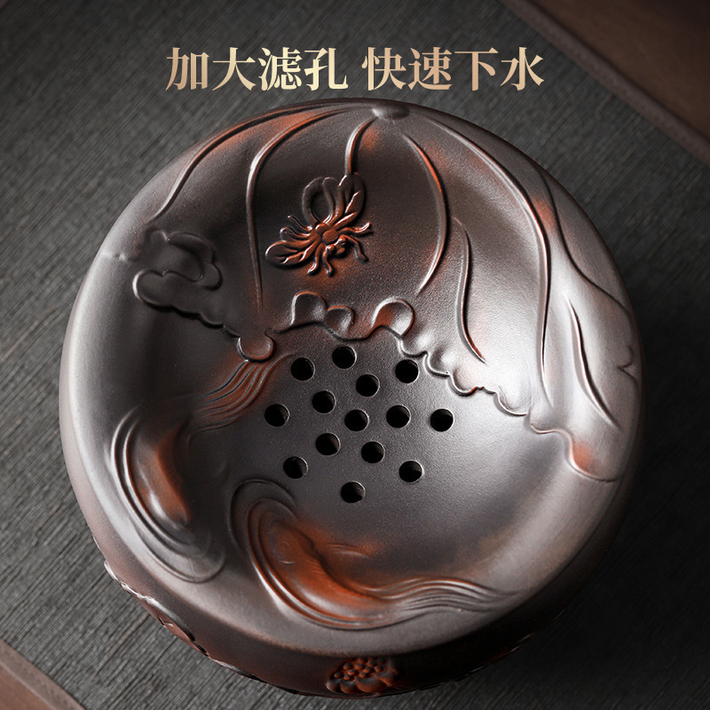 紫陶建水荷韵茶渣缸茶洗大容量废水桶带过滤水缸洗茶具配件用品|undefined