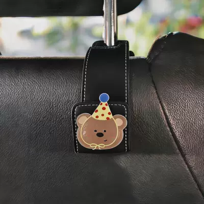 Car hanging: hook, cute cartoon car - black-hook-yellow-hat-bear