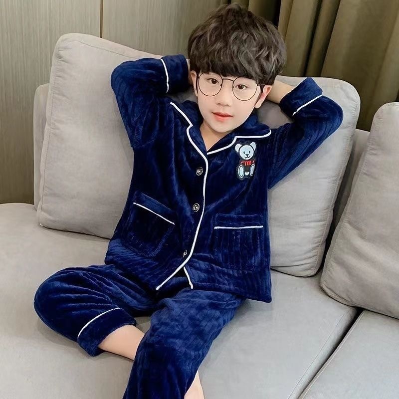 남학생의 겨울 어린이 잠옷 2023 가을 겨울 소년 가정 옷 학생 기모 산호 양털 대형 어린이 플란넬