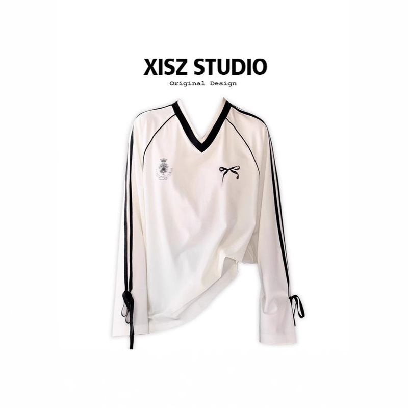 [Factory in stock] American V-neck Lace-up Long Sleeve T-shirt Women's Spring and Autumn Sporty Loose Slimming Casual Top