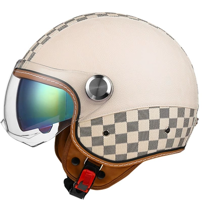 3C certification helmet female male retro leather helmet motorcycle bluetooth helmet electric car half helmet double mirror helmet (Motosiklet kaskı (dəbilqə)) - checkerboard-off-white-short-outer-and-inner-color-m