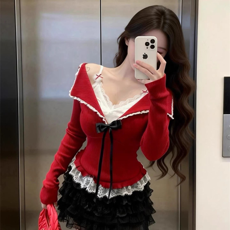 Korean Style Pure Desire Spicy Girl Lace Patchwork Fake Two-Piece Long-Sleeve T-Shirt New Year Red Bow Slim-Fit Base Top