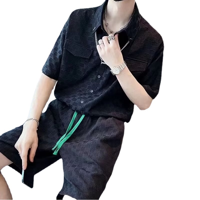 Traje deportivo casual para hombre verano 2023 camisa de manga corta de cinco puntos con pantalones cortos de cinco puntos conjunto de moda ruoshuai