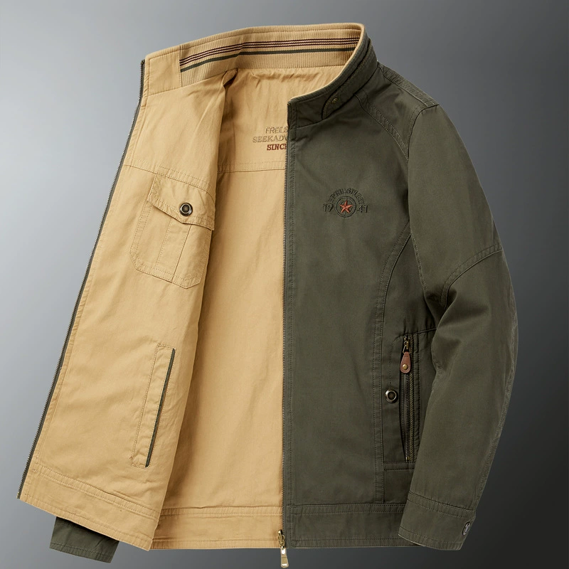 Мужская хлопковая Двусторонняя Повседневная куртка с трансграничным верхом на весну и осень, свободная Мужская куртка больших размеров с воротником-стойкой для средних лет