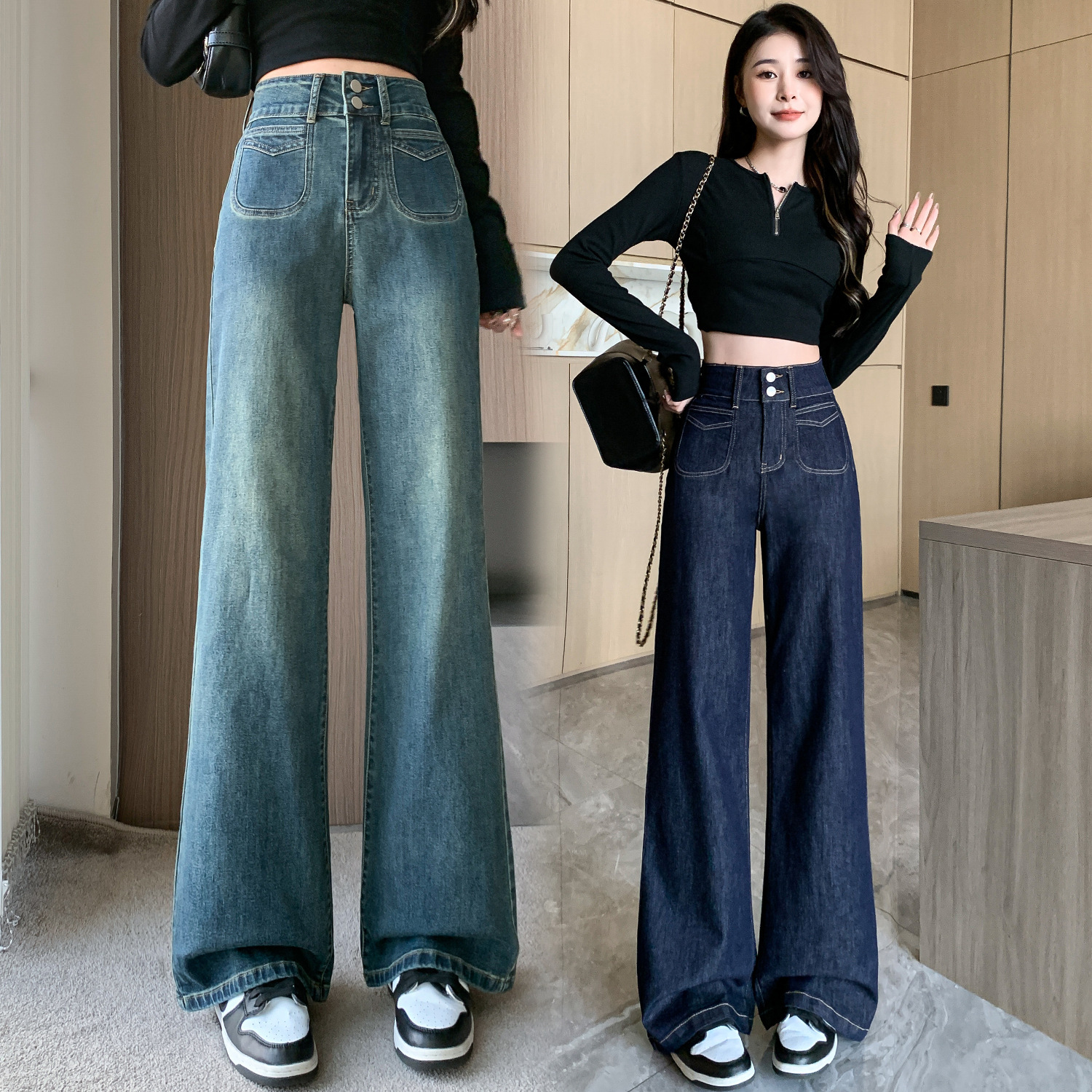Vintage Wide Leg Jeans Women's Spring and Autumn 2024 New Loose Small High Waist Straight Pants