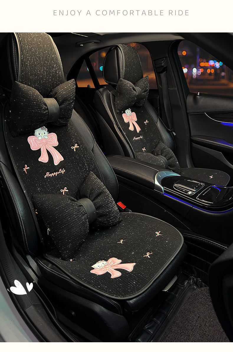 Car seat cushion, summer cooling pad, suitable for all seasons, cute KT cat single-piece car pad, breathable linen car seat cover