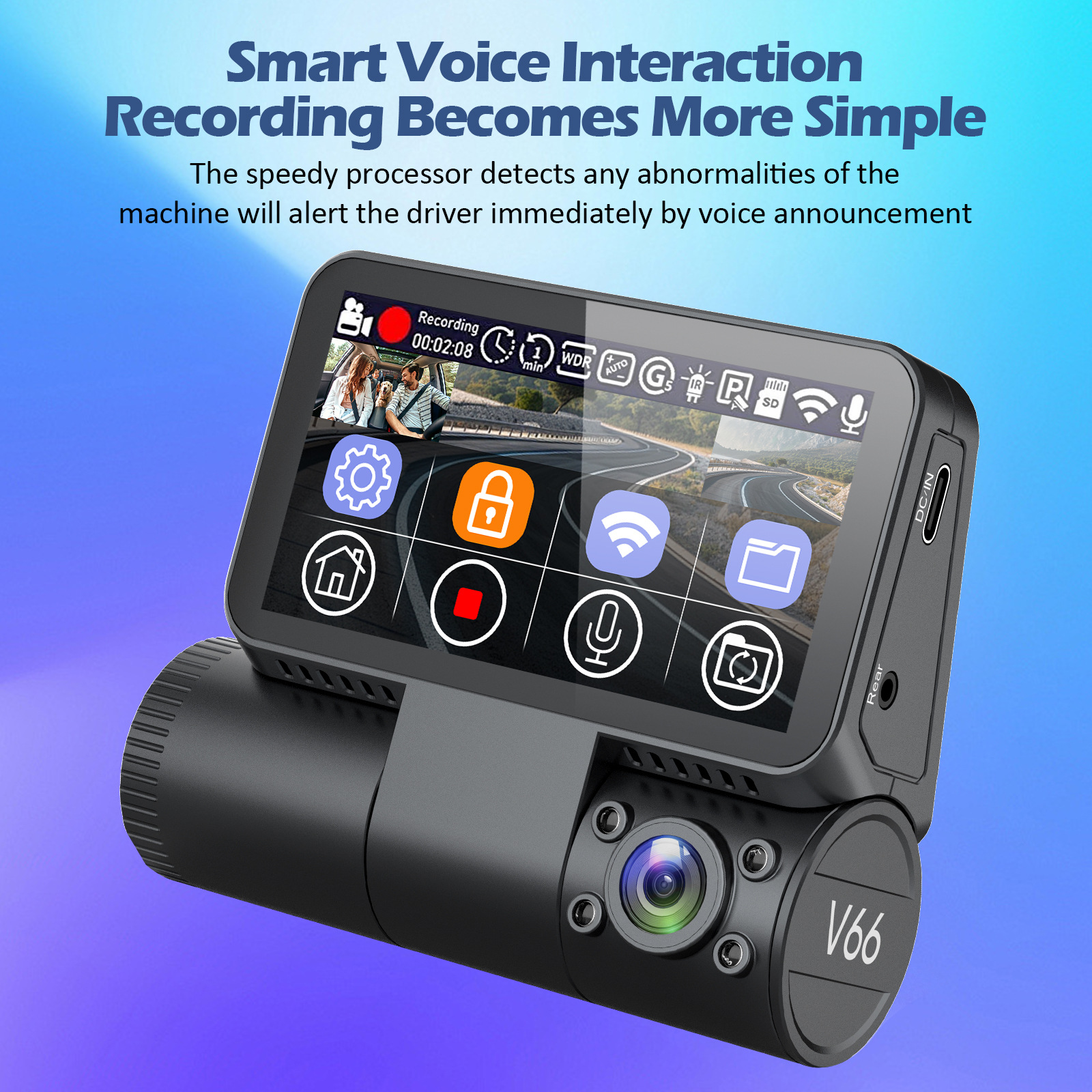 V66Dvr4K Three-Lens Dash Cam with Adas Smart Touchscreen 5.8g Driving Recorder