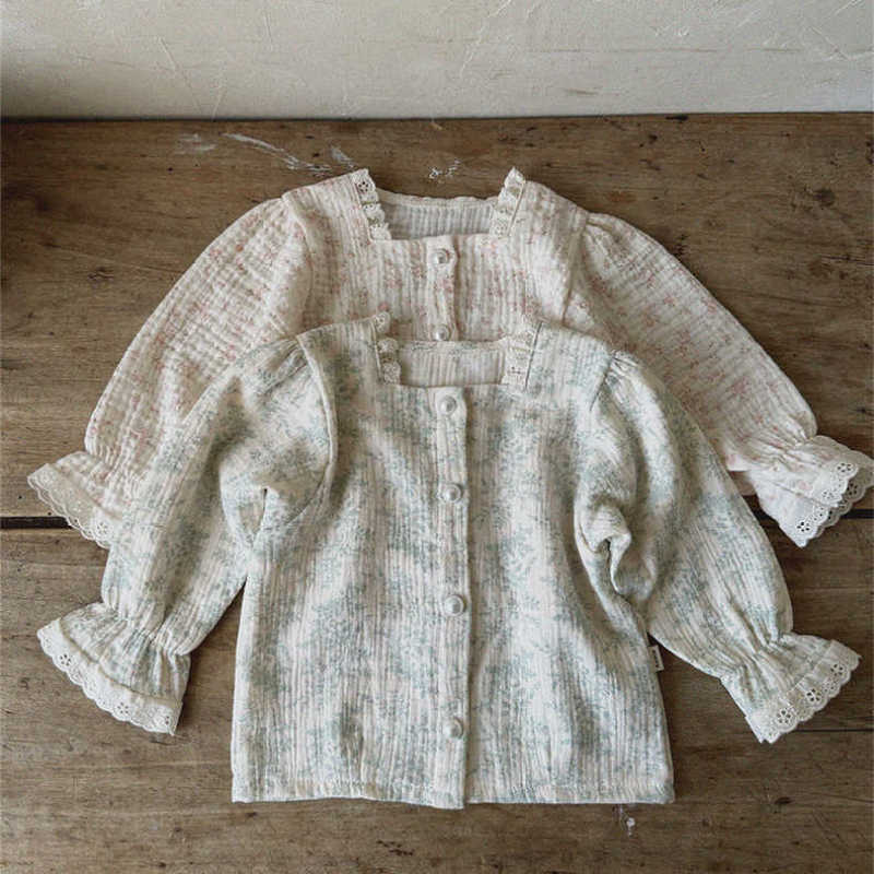 New Autumn Girls' Korean Style Floral Print Cotton Cardigan with Pinch Sleeves and Square Neck
