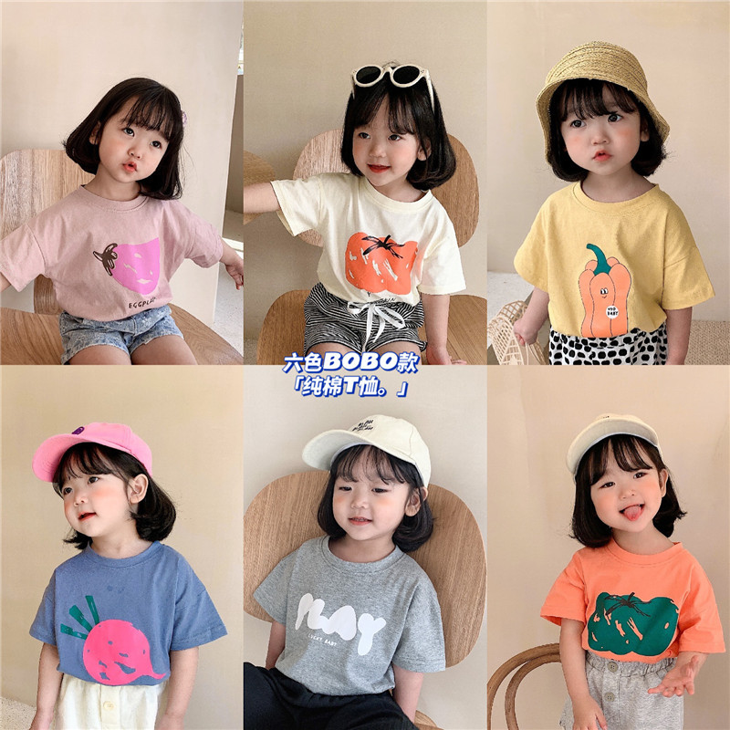 Children's short-sleeved T-shirt 2021 new pattern Korean Edition girl Western style Cartoon fruit series Female baby printing jacket
