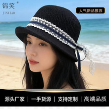 韩系新款透气盆帽夏季女优雅翘沿蕾丝遮阳帽户外百搭时尚防晒帽子
