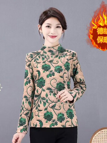 220 kert velvet double-sided velvet digital print fashionable T-shirt semi-high collar floral all-match long-sleeved top slim bottomed shirt