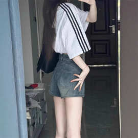 牛仔短裤女夏季薄款大码胖mm弹力高腰显瘦直筒阔腿五分裤小个子