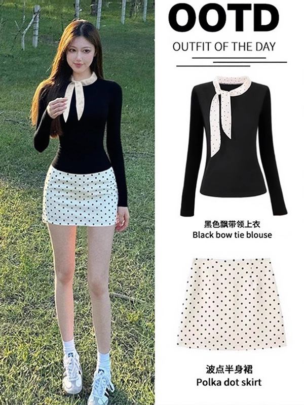 黑色波点长袖t恤上衣女早秋季韩式miu系千金风半身裙穿搭一整套装|undefined