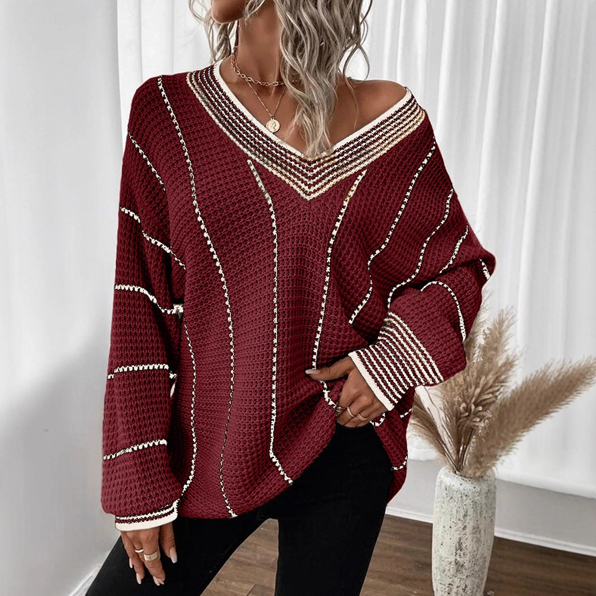 Europa y Estados Unidos transfronterizos Amazon otoño y invierno nuevo cuello en V vertical suéter suelto ropa de mujer Aliexpress moda jersey superior image 1