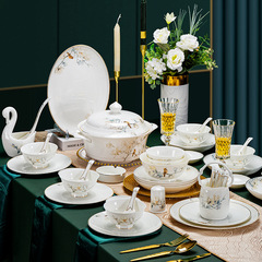 Bone China Tableware Set with Bowls, Spoons, and Plates, Jingdezhen Chinese Home Use Ceramic Bowls, Plates, and Dishes, Event Gift Box Set, Porcelain