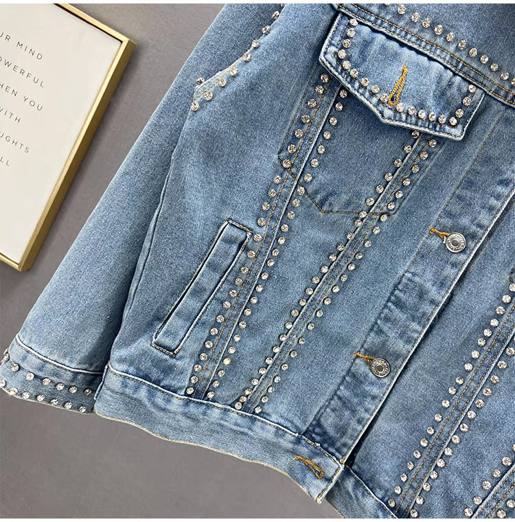 Women's Oversized Denim Jacket With Beaded Diamond Embellishments – Vintage Loose Fit Blue Jean Coat For Casual & Boho Style_voghion.com