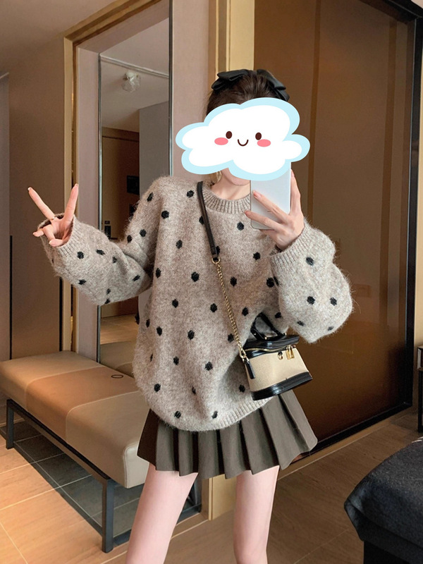 秋冬新款韩系慵懒风套头圆领毛衣女宽松百搭波点文艺针织上衣外穿|undefined