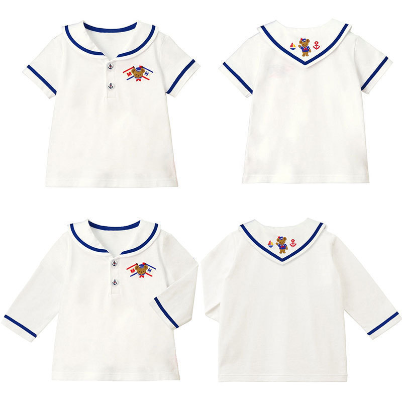 Long-Sleeved Inner Wear for Boys and Girls Cartoon Navy Bear Embroidered Navy Collar Short-Sleeved Shirt Polo Shirt