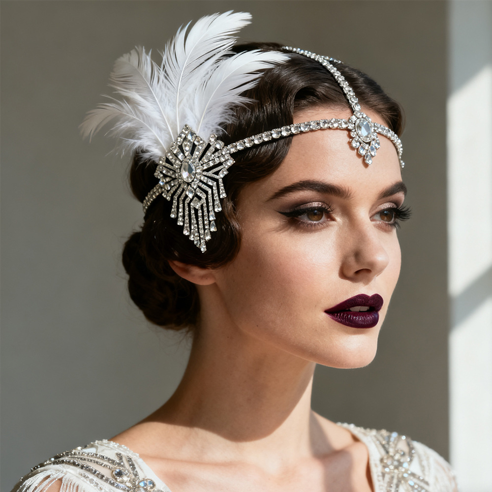 European and American Retro Feather Headwear Gatsby Side-Mounted Diamond Hair Chain Stage Performance Accessories for Women Headwear
