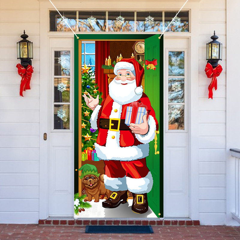 2023 New Christmas Door Curtain Flag Outdoor Photo Santa Claus and Puppy Background Decoration Hanging Cloth