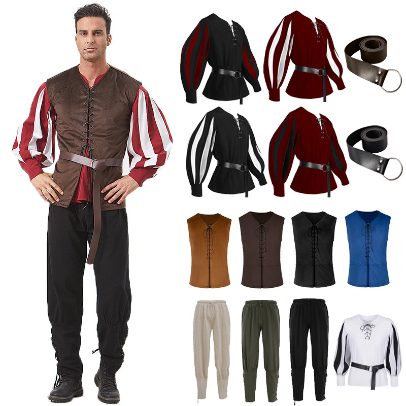 Amazon Wish European and American Retro Medieval Drama Performance Clothing Color Block Strappy Collar Shirt Cosplay Top