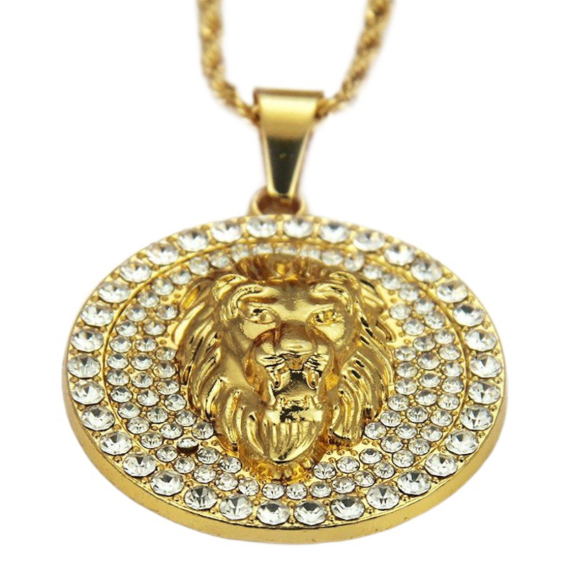AliExpress deseo Venta caliente popular tridimensional diamante incrustado redondo cabeza de león collar de moda de los hombres hiphop colgante de la joyería
