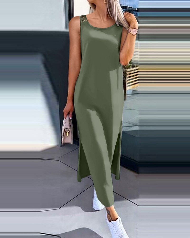 European And American Style Foreign Trade Women's Clothing Lace Hollow-out Suspender Sleeveless Slit Tank Dress,_ecoleips.com