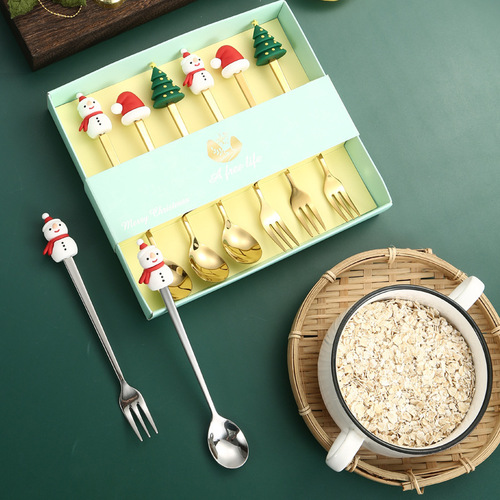 Christmas stainless steel spoon and fork set gift box set creative Instagram style high-end dessert fork and stirrer