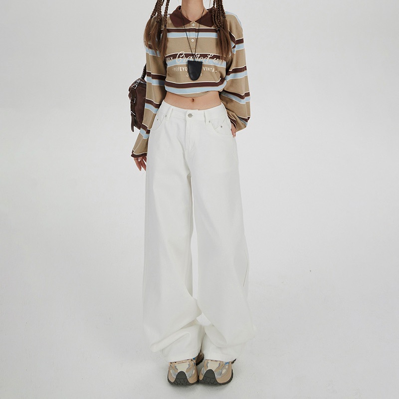 American retro high waist loose wide-leg pants versatile autumn and winter drape straight jeans for women