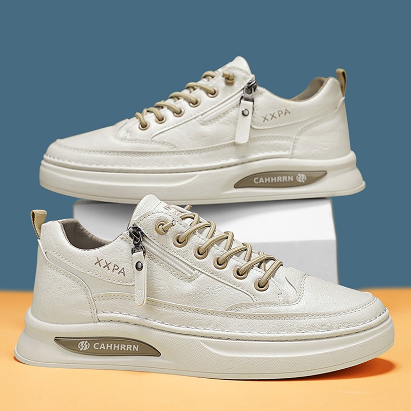 Zapatos de skate con cremallera para hombres zapatos blancos para estudiantes adolescentes primavera zapatos casuales para hombres 2025 nuevos zapatos de cuero para hombres