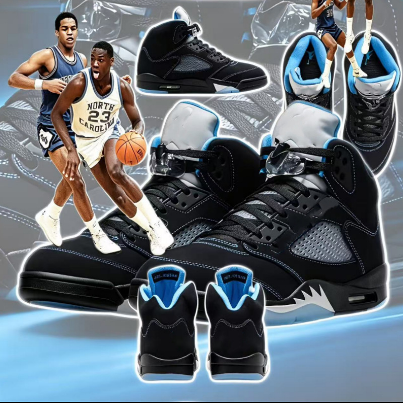 Cross-border factory in-stock AJ5 high-top basketball shoes, popular retro black-silver, wolf gray, black-blue new AJ5 basketball shoes Cross-border factory in-stock AJ5 high-top basketball shoes, popular retro black-silver, wolf gray, black-blue new AJ5 basketball shoes