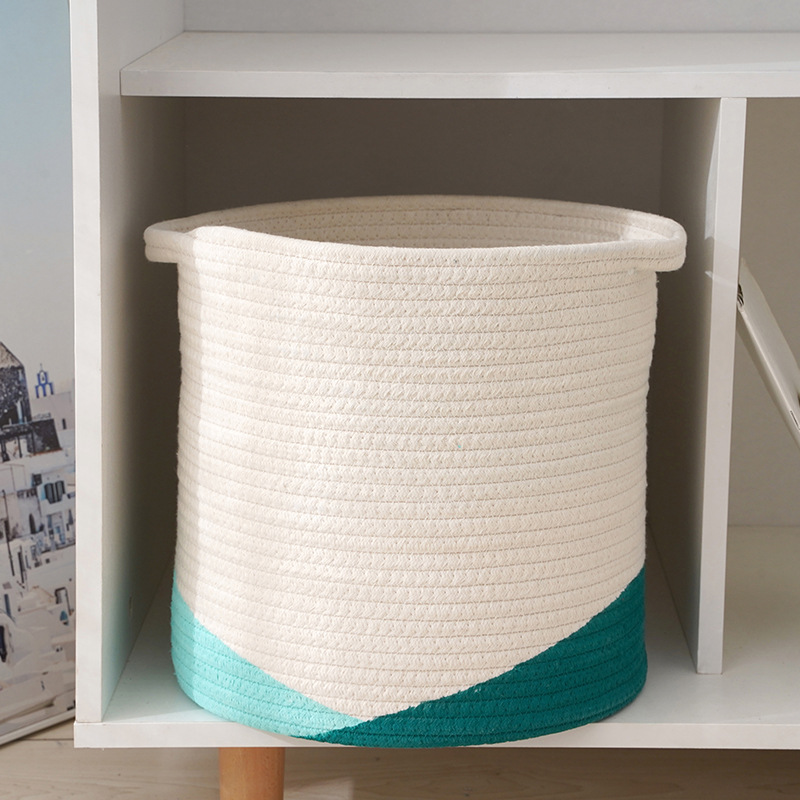 棉绳收纳筐编织收纳篮 大号棉绳储物筐圆筒形 拼色手提脏衣篓