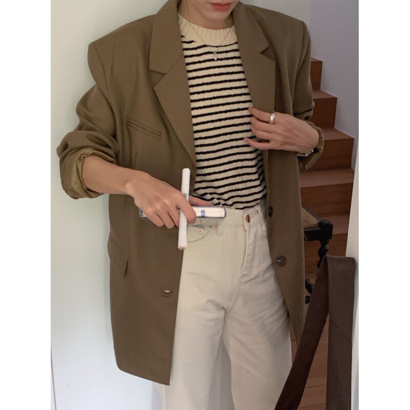 Retro loose oversize large boyfriend style coat women's lapel single-breasted long-sleeved suit top