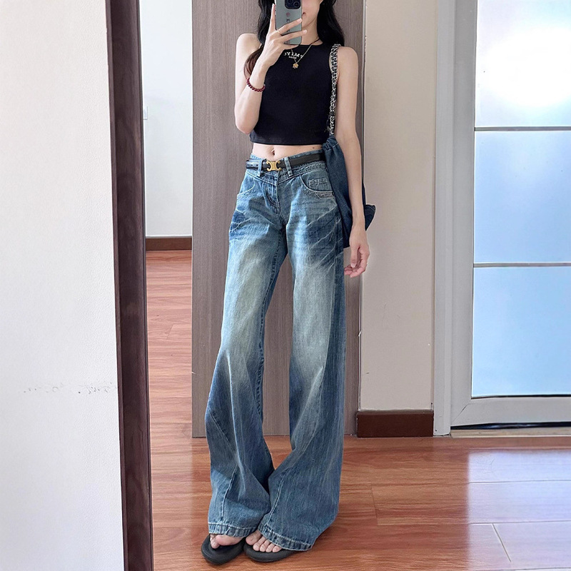 American-Style Washed Wide-Leg Jeans for Women, Spring and Autumn New Hot Girl Low-Waist Loose Slimming Drape Straight-Leg Floor-Length Pants