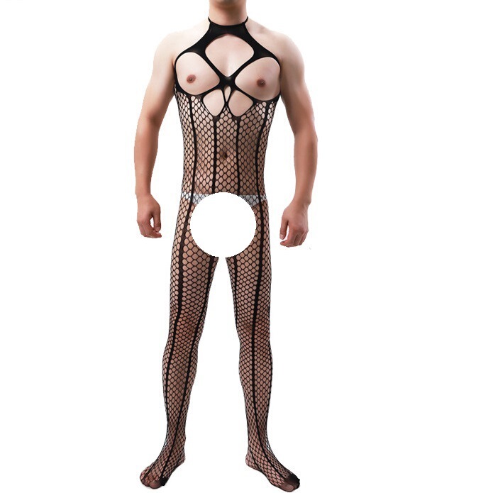 Cross-border men's sexy underwear hollow-out fishing net clothing open file jumpsuit nightclub men's model gay tight-fitting netting
