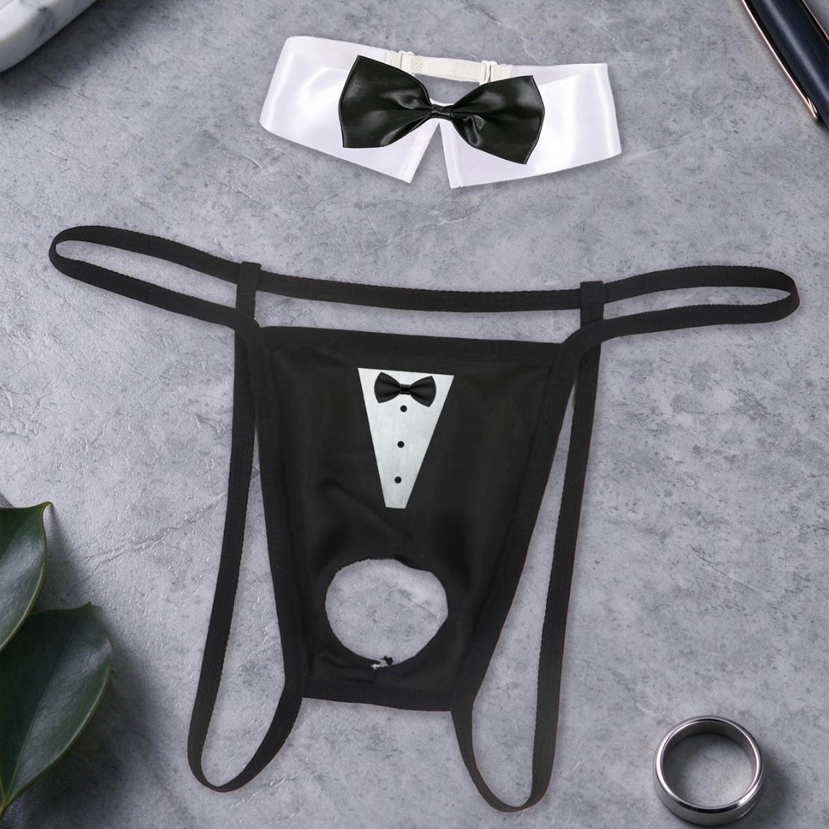 Men's Sexy Hollow-Out Thong Printed Underwear with Black Bow Shirt Collar Decoration Set, 2-Piece Set