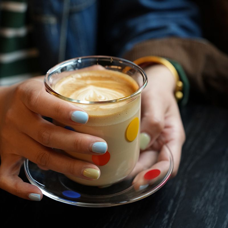 Niche color wave dot dopamine coffee cup and saucer suit creative design heat-resistant glass afternoon tea cold extraction cup and saucer Niche color wave dot dopamine coffee cup and saucer suit creative design heat-resistant glass afternoon tea cold extraction cup and saucer