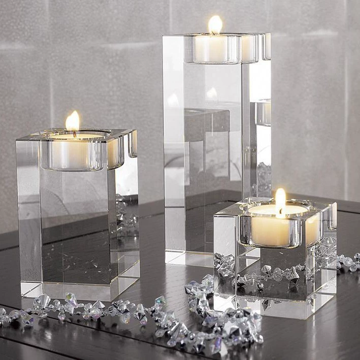 Crystal stone light luxury square candlestick ornaments romantic white crystal candlelight dinner candle holder dining table tray decoration
