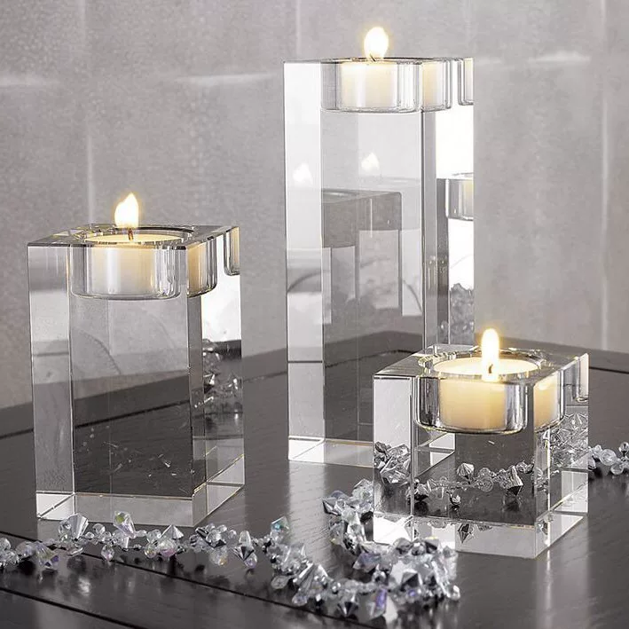 Crystal stone light luxury square candlestick ornaments romantic white crystal candlelight dinner candle holder dining table tray decoration